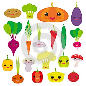 Kawaii vegetables bell peppers, pumpkin beets carrots, eggplant, red hot peppers, cauliflower, broccoli, potatoes, mushrooms