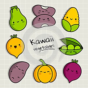 Kawaii vegetables set. Beans, corn, peas, zucchini, potato, pumpkin, turnip, beet icons. Happy cartoon vegetables