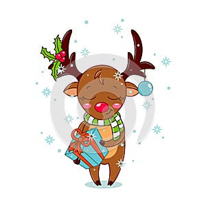 Kawaii winter deer with christmas ball, gift box and holly