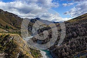 Kawarau River on a sunny day, famous for first commercial bungy jumping site