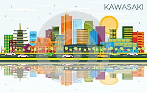 Kawasaki Japan City Skyline with Color Buildings, Blue Sky and Reflections