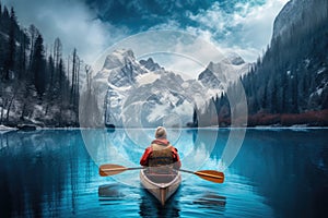 kayak adventure man in a boat on peaceful lake in winter