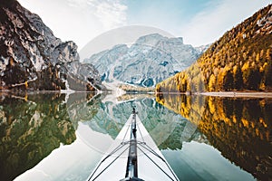 Kayak on alpine lake in fall