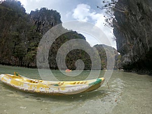 Kayak in Big lagoon. Miniloc island. Bacuit archipelago. El Nido. Palawan. Philippines