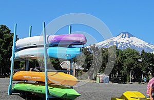 Kayak boats rent near Villarica volcano in Chile