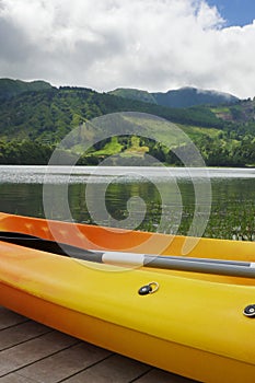 Kayak and canoe at Blue Lake or Lagoa Azul in Sete Cidades Sao Miguel Azores island Portugal photo