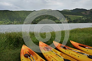 Kayak and canoe at Blue Lake or Lagoa Azul in Sete Cidades Sao Miguel Azores island Portugal