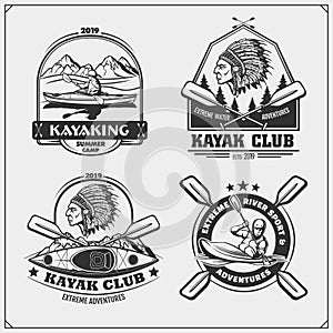 Kayak and canoe emblems, labels, badges and design elements. Print design for t-shirts.