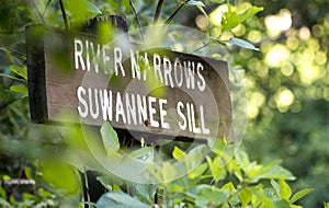 Kayak Canoe trail direction sign for River Narrows and Suwannee Sill in the Okefenokee Swamp National Wildlife Refuge, Georgia USA