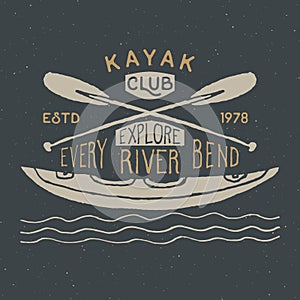 Kayak and canoe vintage label, Hand drawn sketch, grunge textured retro