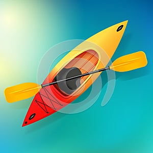 Kayak and paddle Vector on water illustration of Outdoor activities. Yellow red kayak, sea kayak