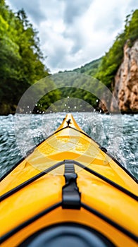 Kayak slicing through a rushing river surrounded by lush green forests, AI photo