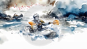 A kayaker, amidst splashing water and rocks, skillfully navigates rapid currents. The artwork blends realism and abstraction