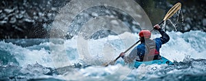 Kayaker braving the rough river rapids