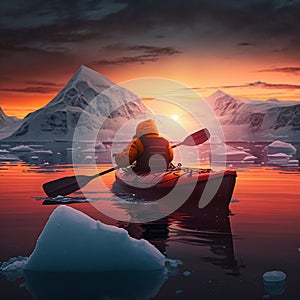 Kayaker on kayak boat in Antarctica. Generative AI