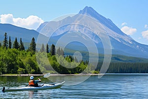 kayaker on a lake with a fishfin mountain backdrop