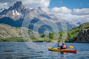 kayaker on a lake with a fishfin mountain backdrop