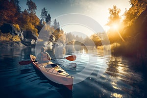 Kayaker man travelling by kayak on the river in a sunny day. Rear view of people in a kayak paddling along a river. Generative AI