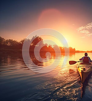 Kayaker man travelling by kayak on the river in a sunny day. Rear view of people in a kayak paddling along a river. Generative AI