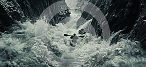 A kayaker navigates through the perilous currents of a roaring river oar slicing through the churning water as they photo