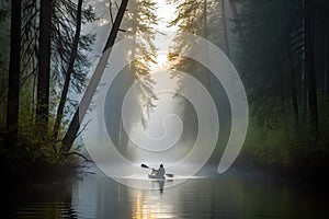 kayaker paddling through misty morning forest