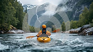 One Kayaker Paddling The Rapids of A Beautiful Mountain River. Generative AI
