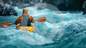 Kayaker Paddling The Rapids of A Beautiful Mountain River. Generative AI