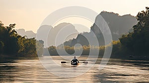 Kayaker on a river at sunrise