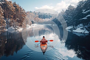 kayaker is sailing on red kayak on blue river on winter trip with a landscape with snowy mountains and forest