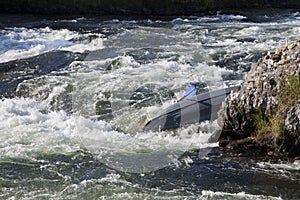 Kayaker turning over in whitewater