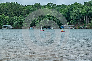 Kayakers fishing on the lake