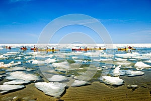 Kayakers paddling in Lake Superior