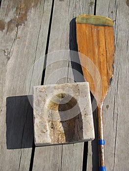 Kayaking accessories on the pier, oar wooden pier kayak