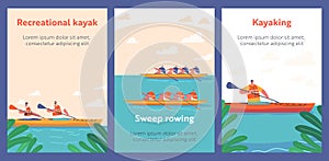 Kayaking, Canoeing Sport Competition Banners. Sportsmen Sweep Rowing in Kayaks, Extreme Activity, Championship Games