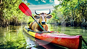 Kayaking Cow going down a river