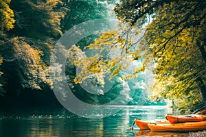 Kayaking on the Lake Concept Photo. Sport Kayak on a lake shore. Copy space