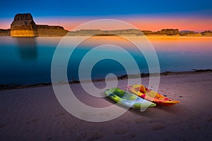 Kayaking Lake Powell Lone Rock at Sunset Utah USA