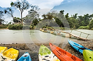 Kayaking on Nam Song river in Vang Vieng, Laos - Rainy Day