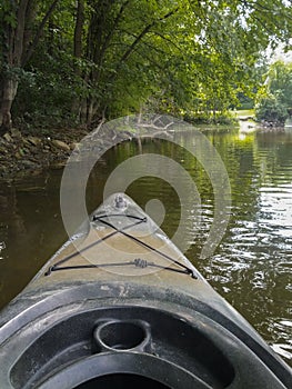 Kayaking on a river one summer day.