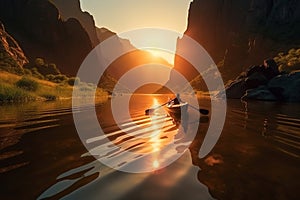 Kayaking in the valley between canyons at the sunset. Generative AI