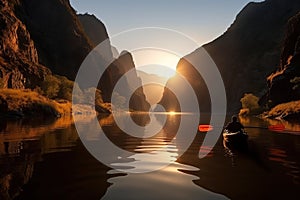 Kayaking in the valley between canyons at the sunset. Generative AI