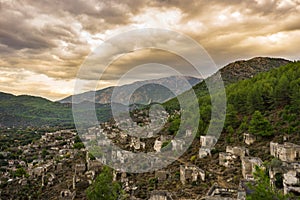 Kayakoy houses in historcial Lycian village of Kayakoy, Fethiye, Mugla, Turkey. Ghost Town KayakÃ¶y, anciently known as Lebessos