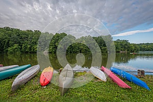 Kayaks along the shore of the lake at Gifford Pinchot State Park, Pennsylvania