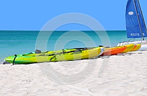 Kayaks on the beach.