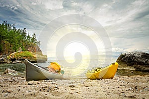 Kayaks on the coast of the lake Baikal.