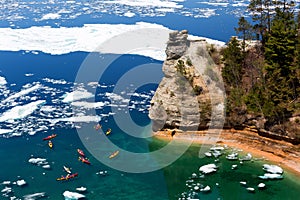 Kayaks & Ice Floes at Miners Castle - Pictured Rocks - Michigan