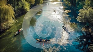 Kayaks on river at sunset. Aerial view of People Kayaking on calm summer blue lake. Generative AI