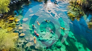 Kayaks on river at sunset. Aerial view of People Kayaking on calm summer blue lake. Generative AI