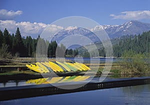 Kayaks on the shore of Hume Lake in California photo