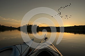 Kayaks at Sunset with Geese Flying